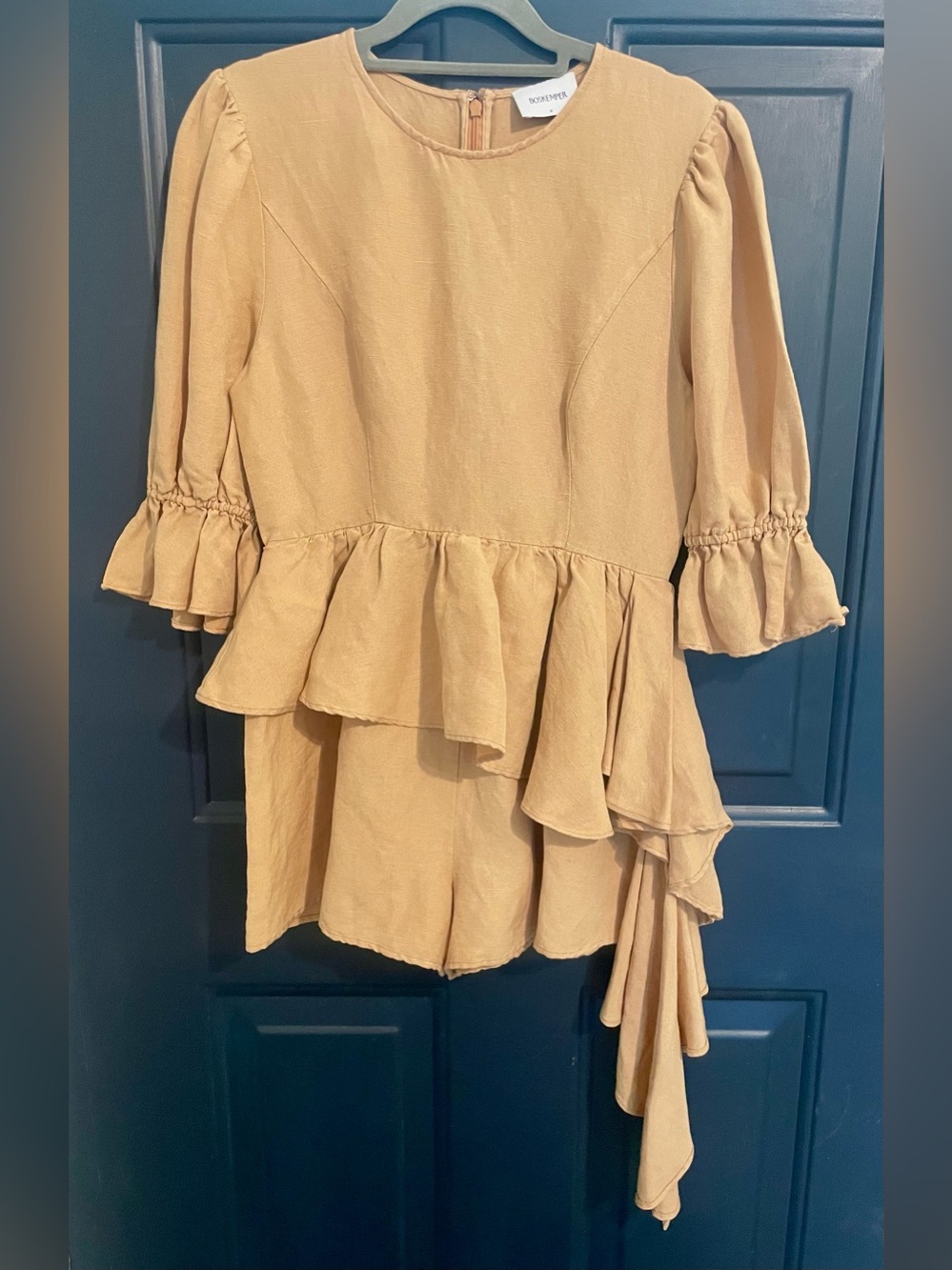 Anthropologie Boskemper Tan Asymmetrical Tan Ruffle Linen Romper Size M